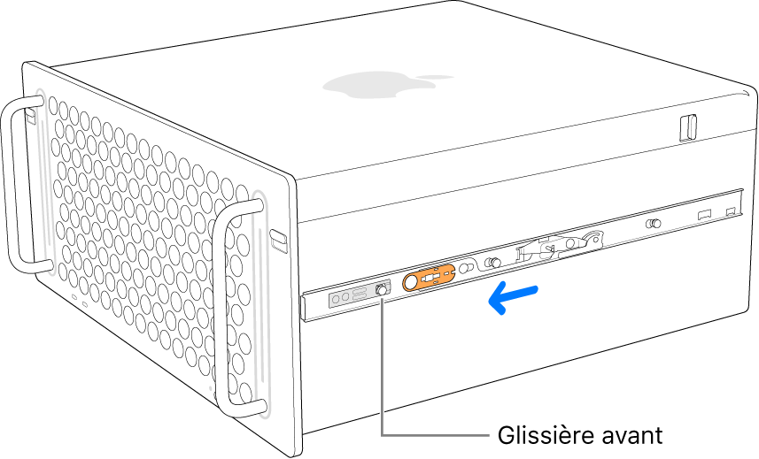 Le Mac Pro avec un rail glissant vers l’avant et se verrouillant en position.