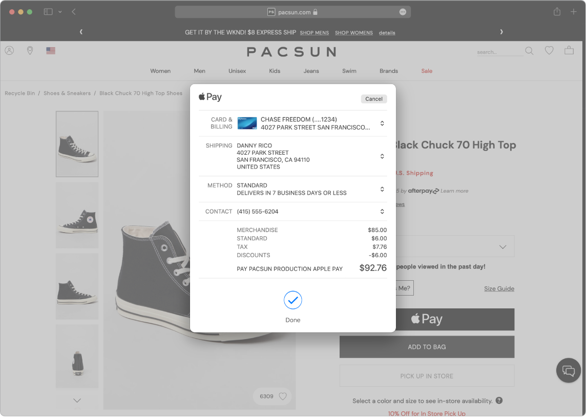 Écran d’un Mac affichant un achat en ligne en cours utilisant l’option Apple Pay dans Safari.