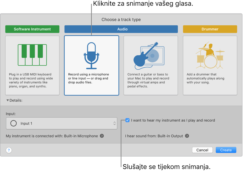Ploča za instrumente aplikacije GarageBand prikazuje gdje kliknuti za snimanje glasa te kako se preslušati nakon snimanja.