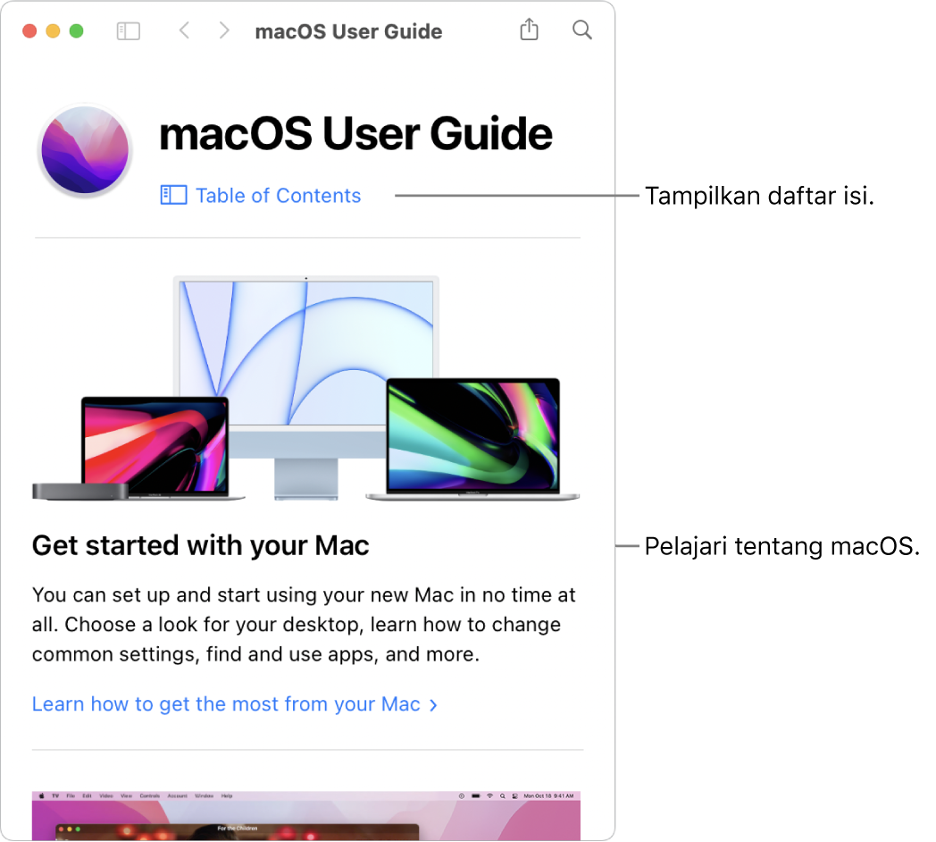 Untuk menemukan topik di Petunjuk Pengguna macOS, Anda dapat menelusuri atau mencari.