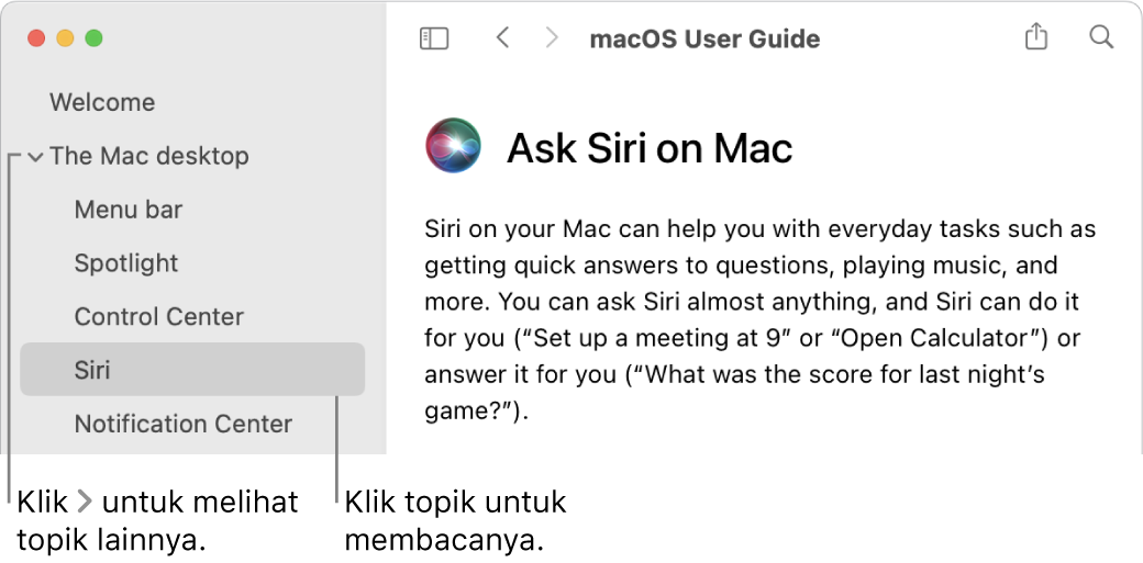 Penampil Bantuan menampilkan cara melihat topik yang terdapat di bar samping dan cara menampilkan konten topik.