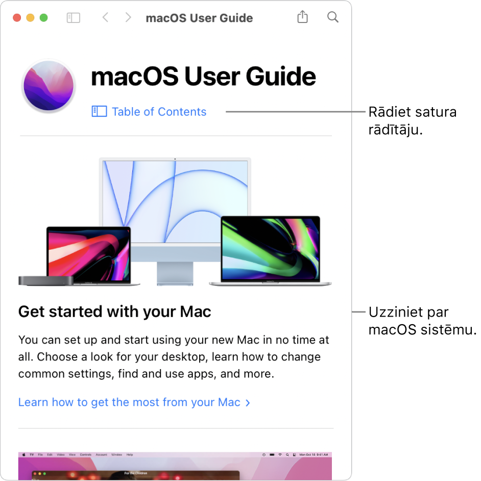 macOS lietošanas pamācības sākuma lapa ar saiti uz satura rādītāju.