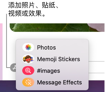 App 菜单,包含的选项可用于显示照片、拟我表情贴纸、GIF 和信息效果。