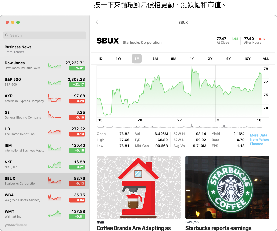 「股市」畫面,顯示有關所選股票的資訊和報導。