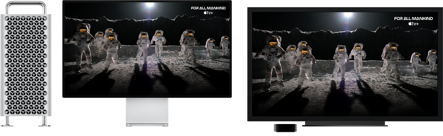 كمبيوتر Mac Pro تم إجراء انعكاس لمحتوياته على تلفاز HDTV كبير باستخدام Apple TV.