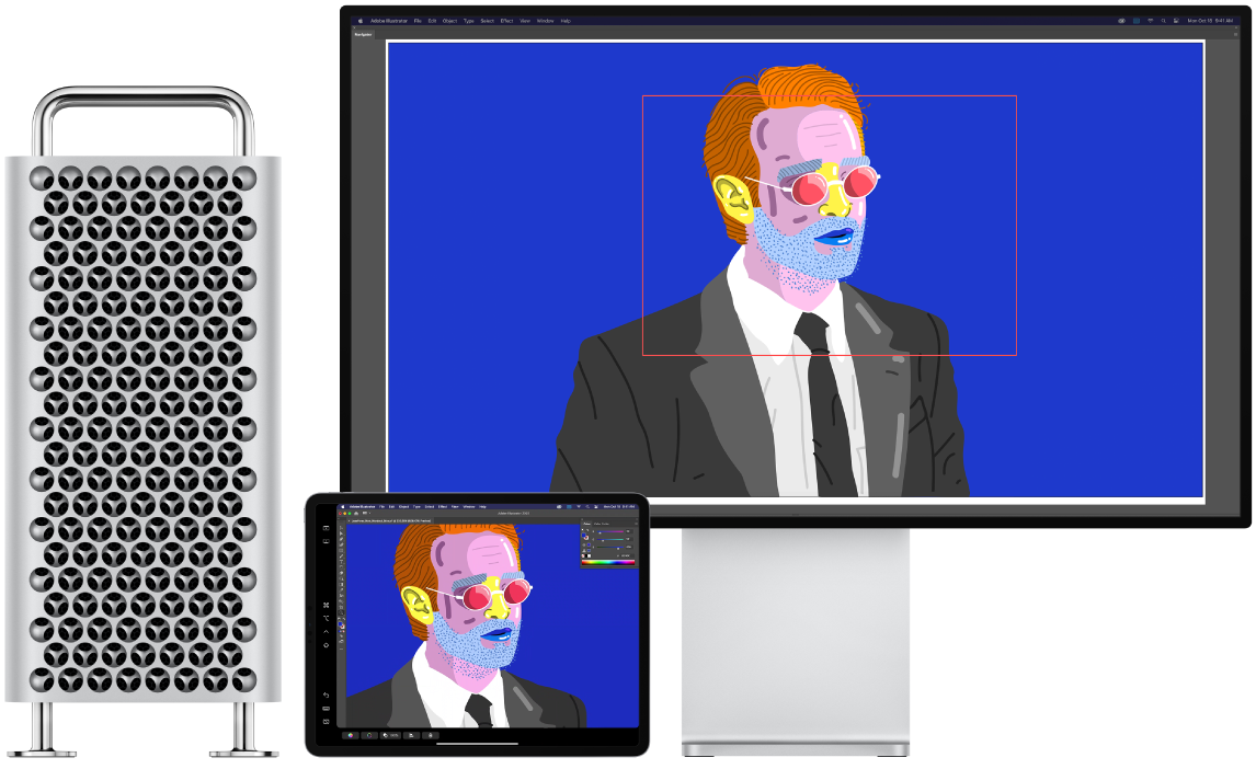 كمبيوتر Mac Pro وجهاز iPad جنبًا إلى جنب. يعرض الـ Mac Pro عملاً فنيًا داخل نافذة المتصفح في Illustrator. يعرض الـ iPad نفس العمل الفني في نافذة مستند في Illustrator، محاطًا بأشرطة أدوات.