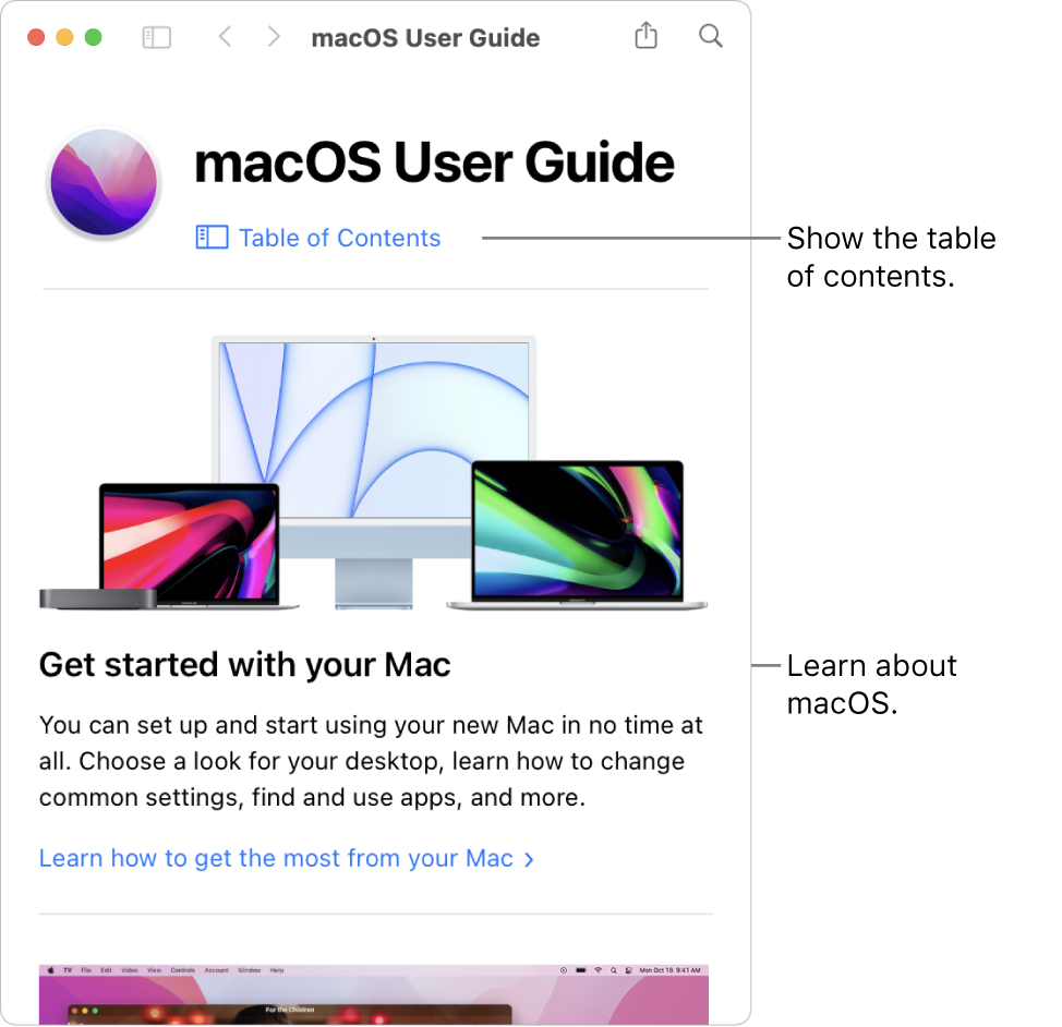 The macOS User Guide welcome page showing the Table of Contents link.