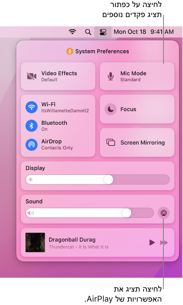 תצוגה מוגדלת של “מרכז הבקרה” ב-Mac.