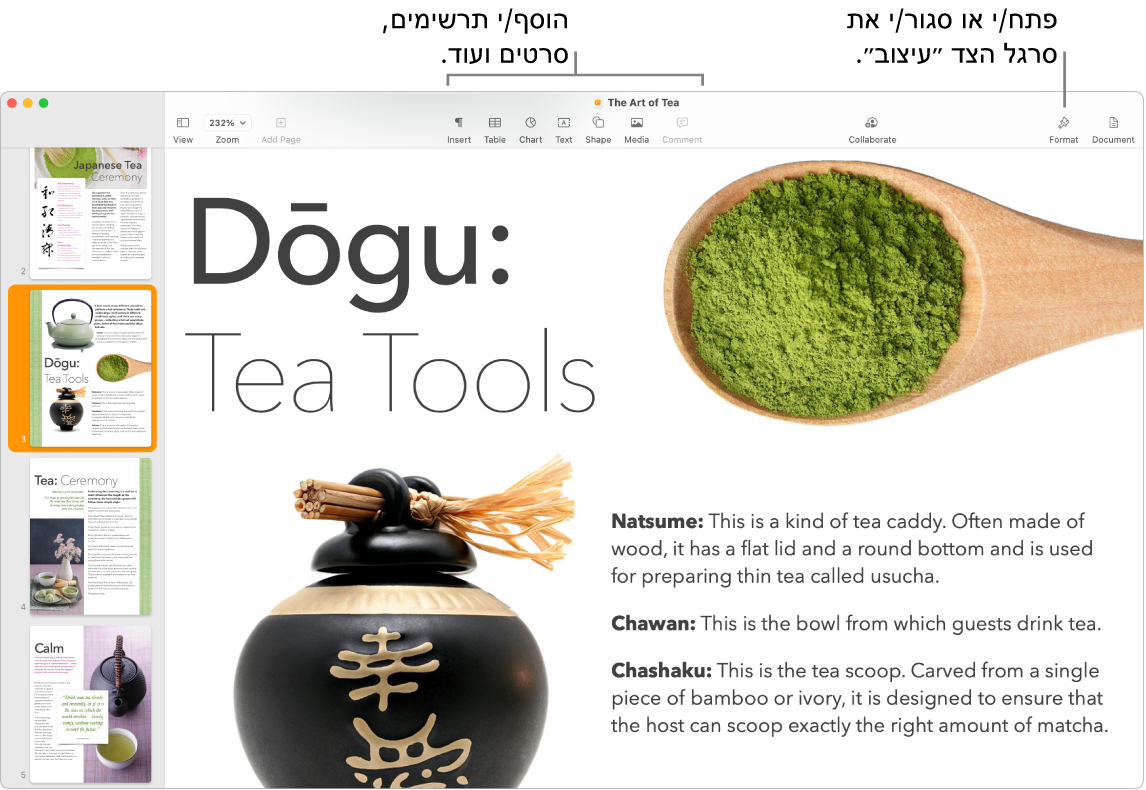 חלון של Pages המציג תמונות ממוזערות של העמודים הפתוחים בסרגל הצד משמאל, סרגל הכלים וכלי העריכה בחלק העליון, הכפתור ״שתף פעולה״ בסמוך לפינה הימנית העליונה והכפתורים “עיצוב״ ו”מסמך” מימין.