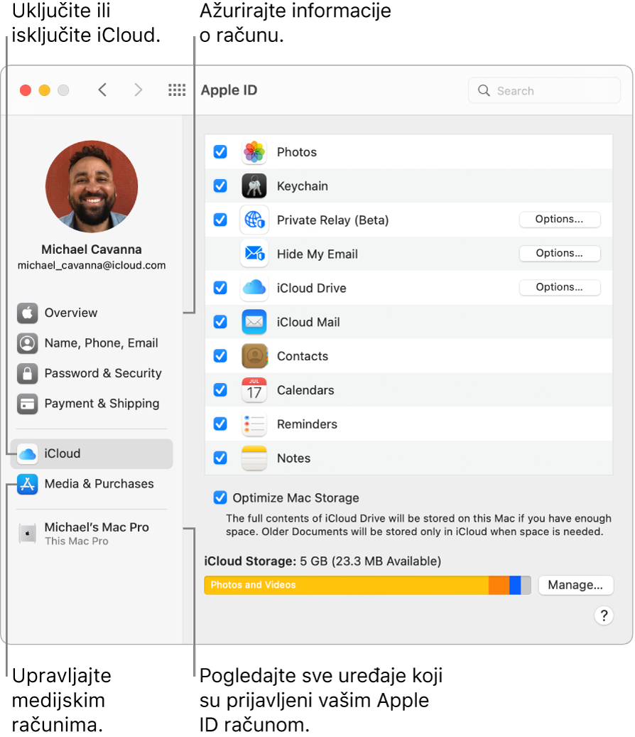 Prozor Apple ID-ja u Postavkama sustava. Kliknite stavku u rubnom stupcu za ažuriranje podataka o računu, uključite ili isključite iCloud, upravljajte medijskim računima i pregledajte sve uređaje na koje ste prijavljeni koristeći svoj Apple ID.