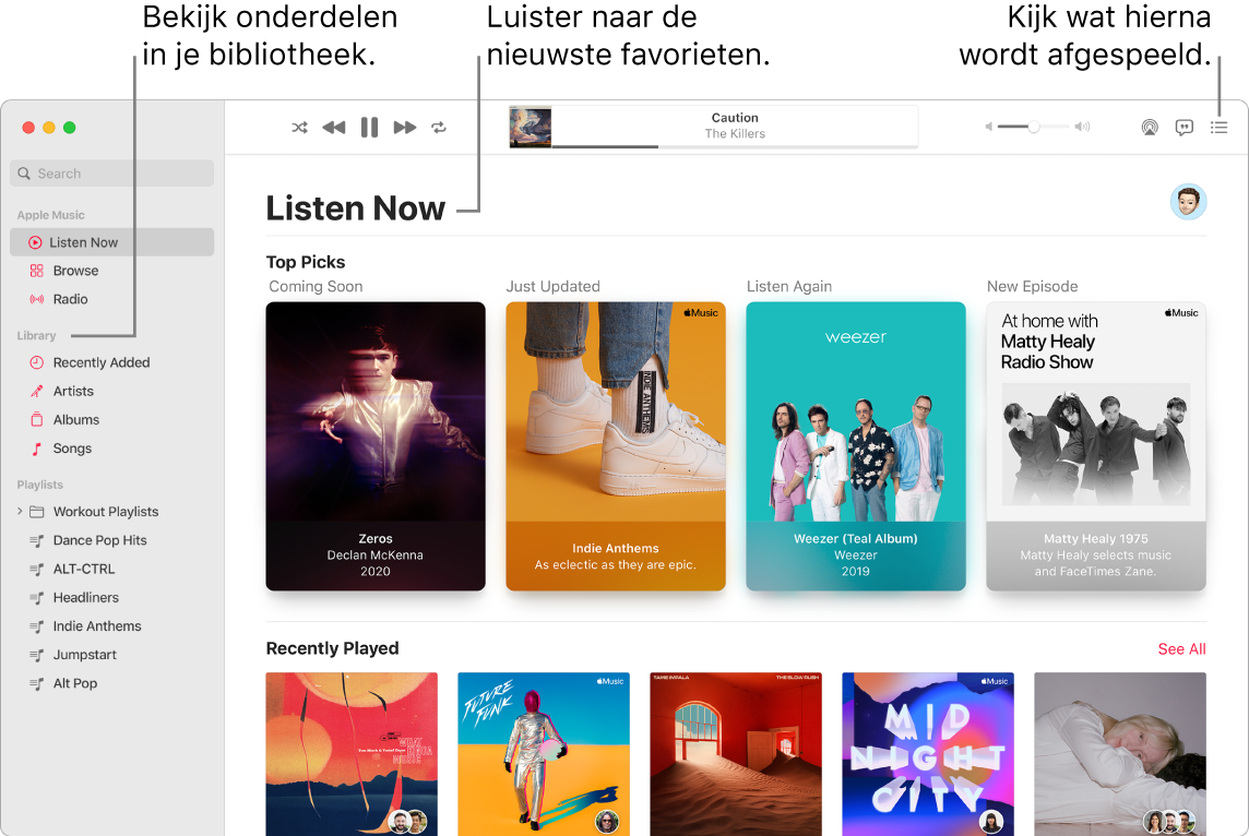 Een venster van de Muziek-app waarin wordt aangegeven hoe je je bibliotheek bekijkt, naar Apple Music luistert en ziet wat er als volgende wordt afgespeeld.