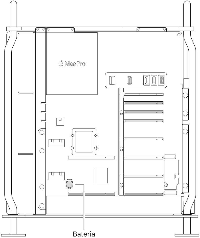 Uma vista lateral do Mac Pro a ilustrar onde a pilha de célula de botão está localizada.