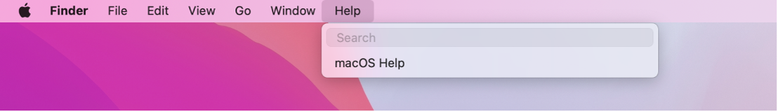 O parte din desktop cu meniul Ajutor deschis, afișând opțiunile de meniu pentru Căutare și Ajutor macOS.