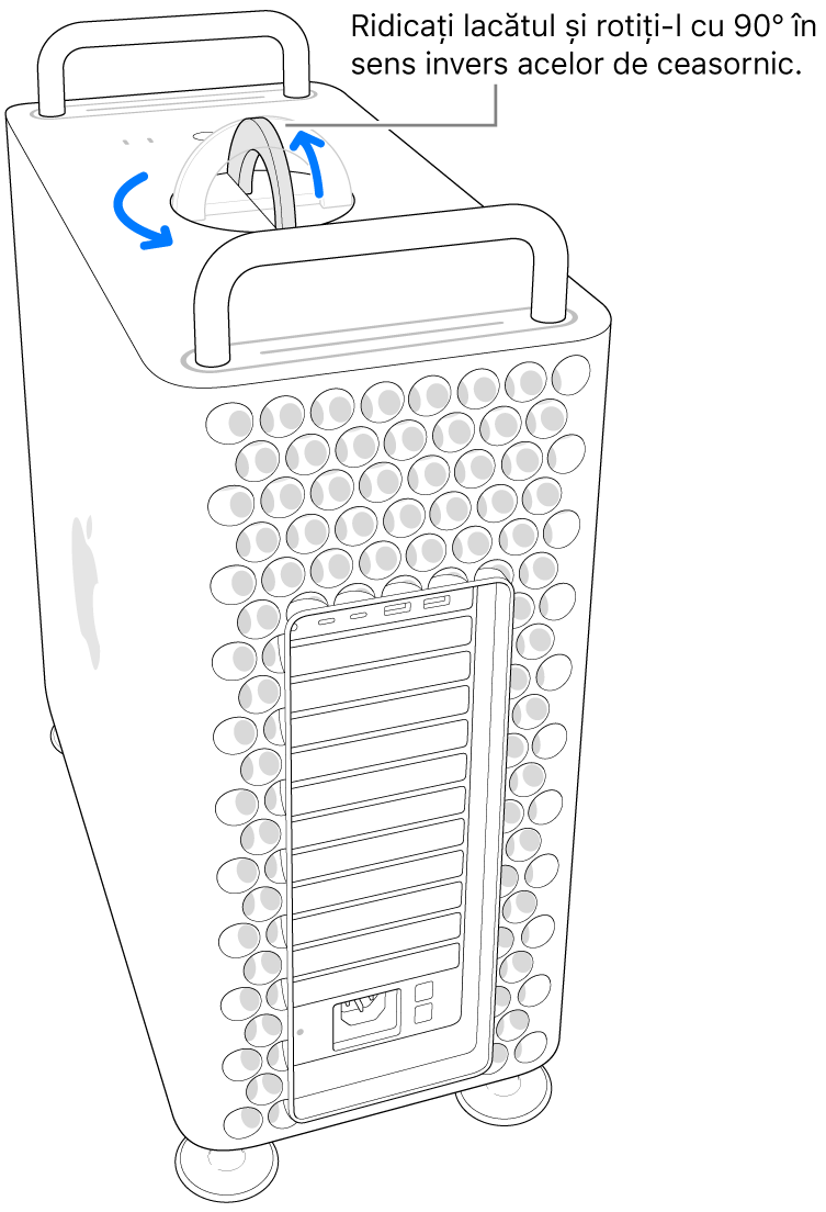 Se prezintă primul pas pentru scoaterea carcasei unui computer prin ridicarea lacătului și rotirea lui la 90 de grade.