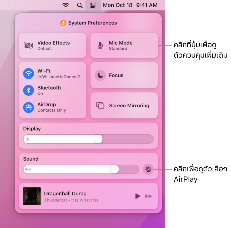 มุมมองแบบซูมเข้าของศูนย์ควบคุมบน Mac ของคุณ