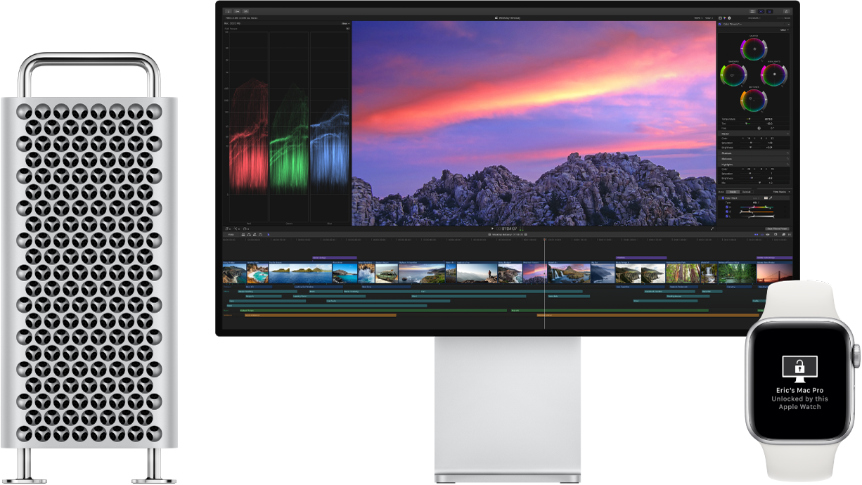 Mac Pro та його дисплей поруч з Apple Watch, на якому показано повідомлення про те, що Mac відімкнуто годинником.