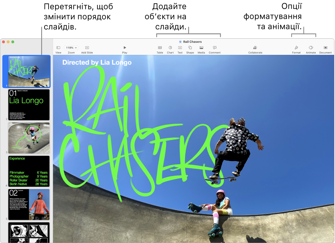 Вікно Keynote з навігатором слайдів зліва з перевпорядкованими слайдами, панель інструментів та інструменти редагування вгорі, кнопка «Співпрацювати» справа вгорі і кнопки «Форматувати, «Анімувати» і «Документ» справа.