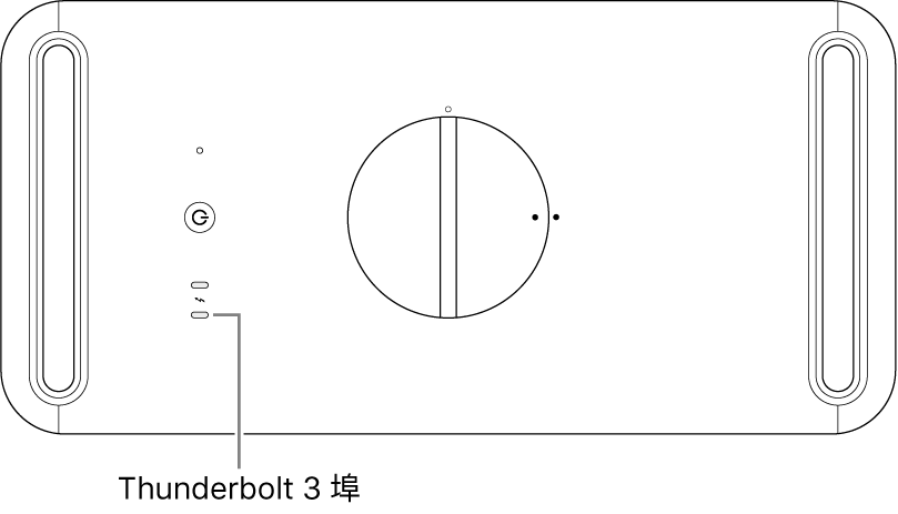 Mac Pro 的頂端,指出要使用的正確 Thunderbolt 3 埠。
