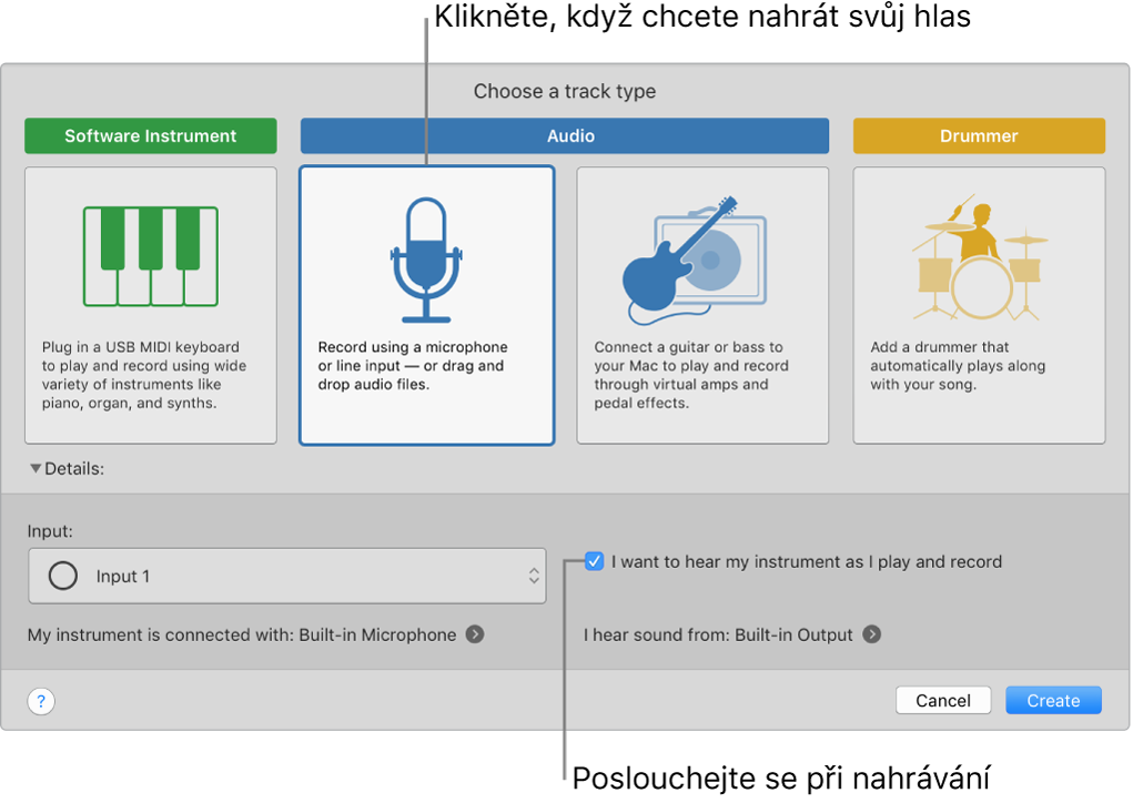 Panel nástrojů GarageBandu s popisky ukazujícími, kam je třeba kliknout, chcete‑li nahrávat hlas nebo zapnout odposlech při nahrávání