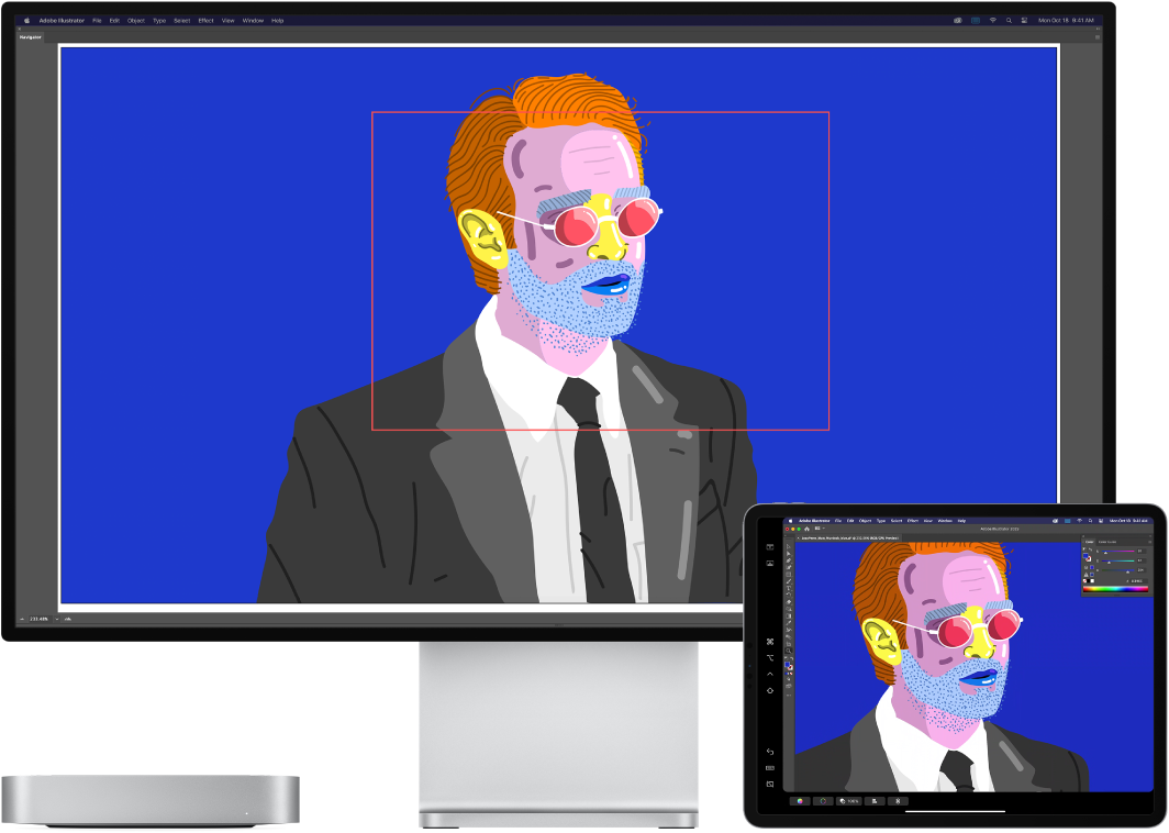 Ein Mac mini und ein iPad nebeneinander. Auf dem Mac mini sind Bilder im Navigatorfenster von Illustrator zu sehen Auf dem iPad sind dieselben Bilder im Dokumentfenster von Illustrator umgeben von Symbolleisten zu sehen.