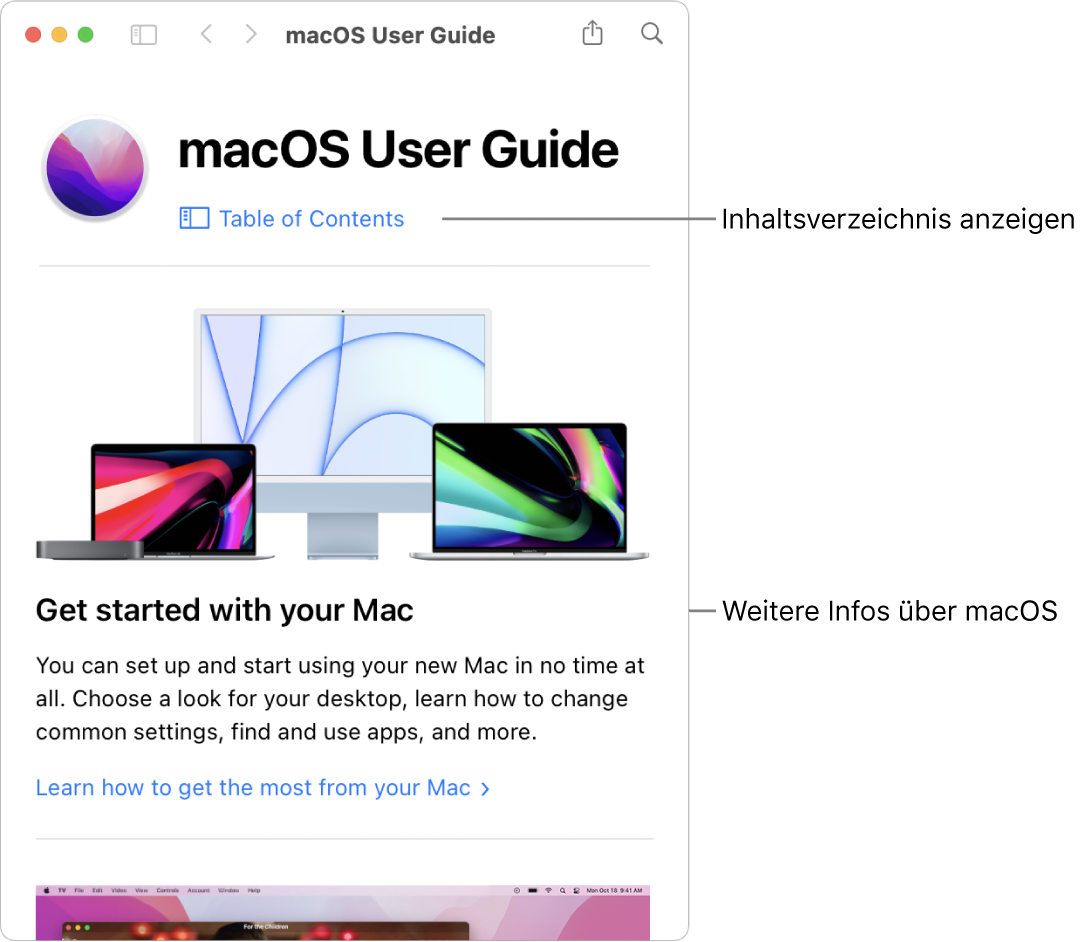 Die Startseite des macOS – Benutzerhandbuchs mit dem Link zum Inhaltsverzeichnis
