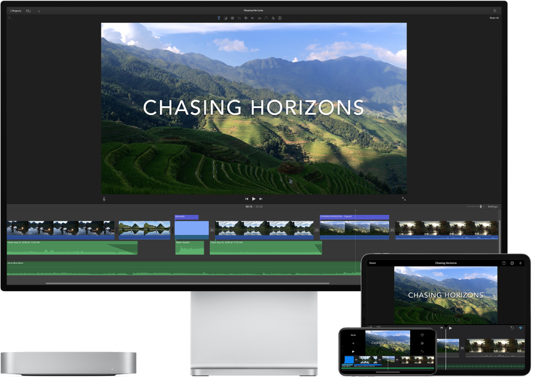 Konten yang identik ditampilkan di Mac mini, iPad, dan iPhone.