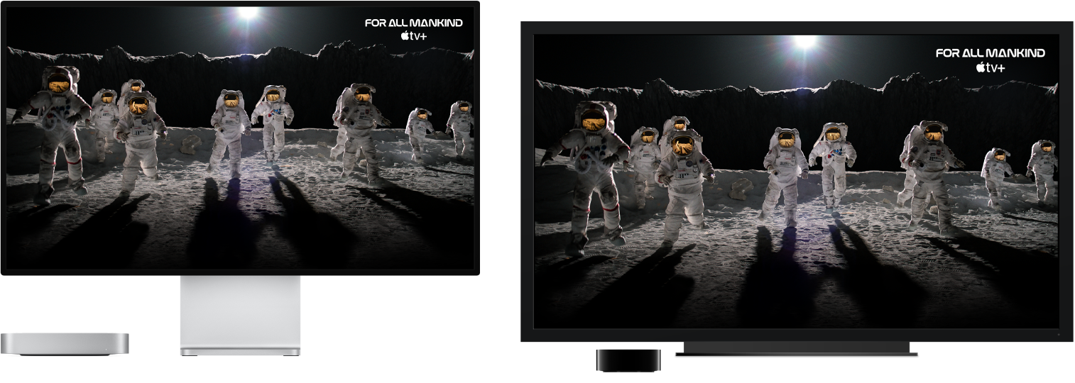 Mac mini dators ar tā saturu spoguļotu lielā HDTV, izmantojot Apple TV ierīci.