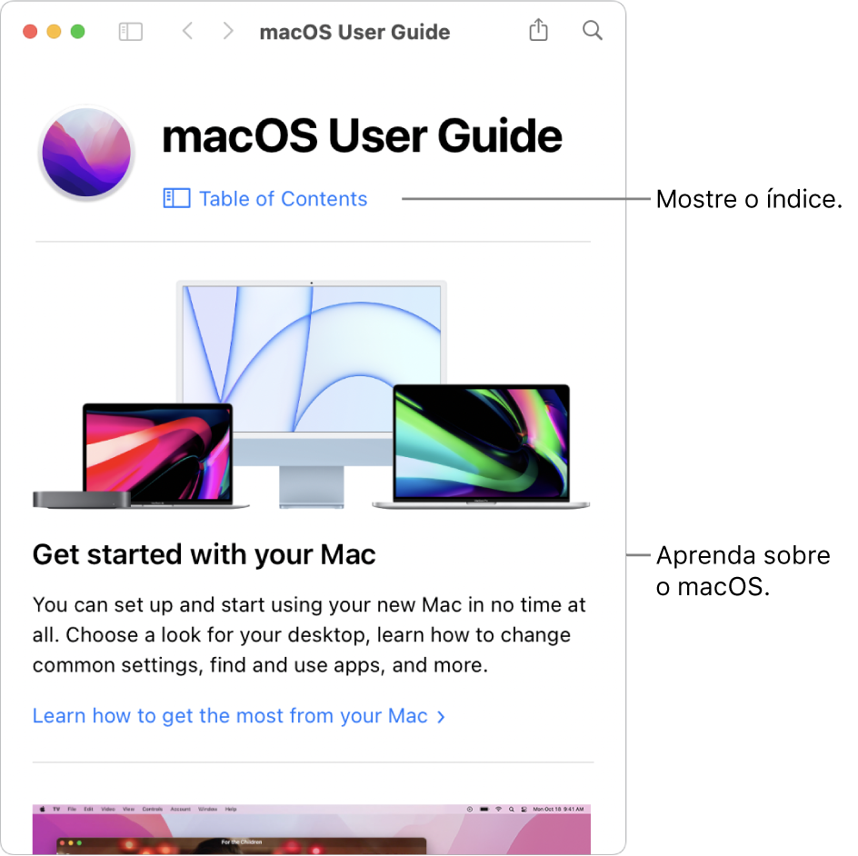 Página de boas-vindas do Manual do Usuário do macOS mostrando o link Índice.
