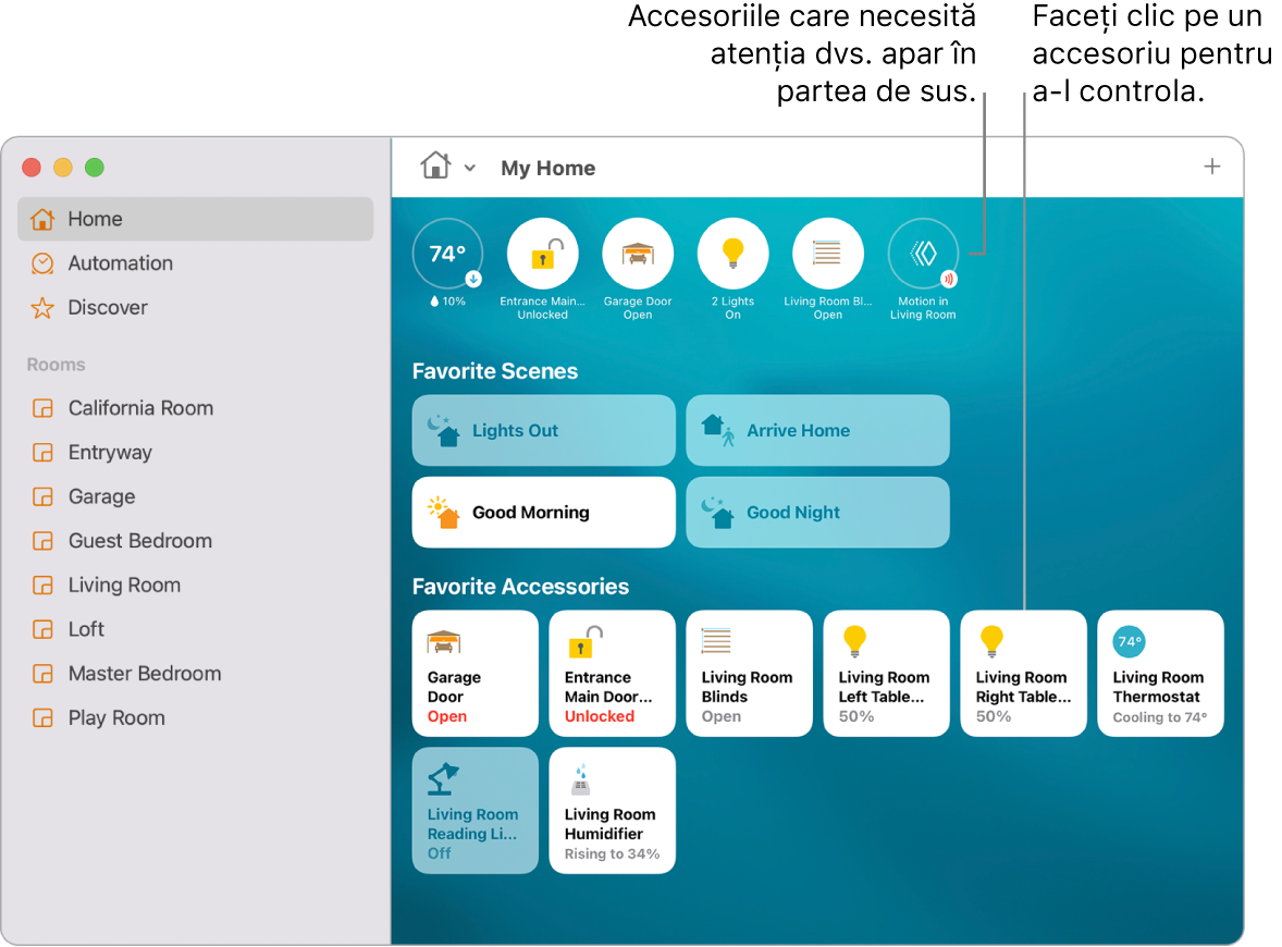 Aplicația Locuință, afișând scenariile preferate și accesoriile preferate.