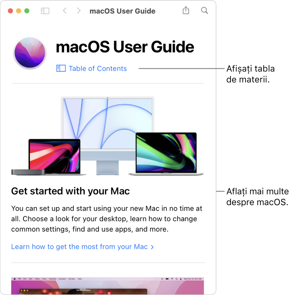Pagina de bun venit a Manualului de utilizare macOS afișând linkul Tablă de materii.