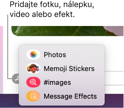 Menu Apky s možnosťami zobrazenia fotiek, Memoji nálepiek, GIF obrázkov a efektov správ.