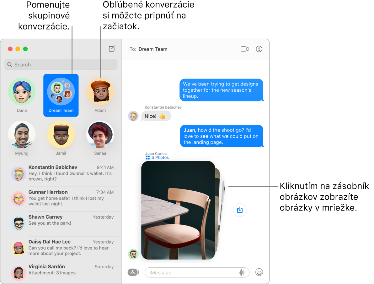 Okno apky Správy so skupinovými aj individuálnymi konverzáciami pripnutými navrchu ľavého stĺpca. V konverzácii napravo je skupina šiestich fotiek a pri nej tlačidlo Uložiť fotku.