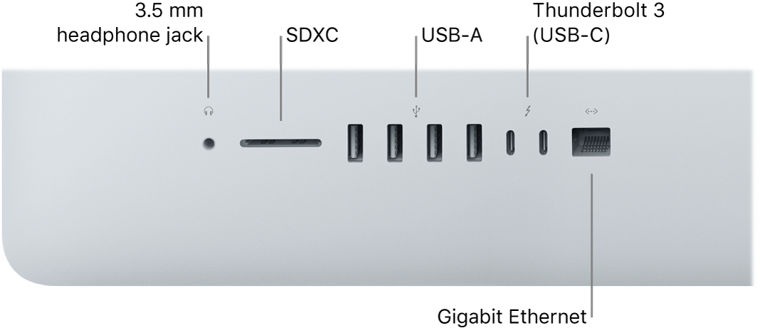 An iMac showing the 3.5 mm headphone jack, SDXC slot, USB-A ports, Thunderbolt 3 (USB-C) ports, and Gigabit Ethernet port.