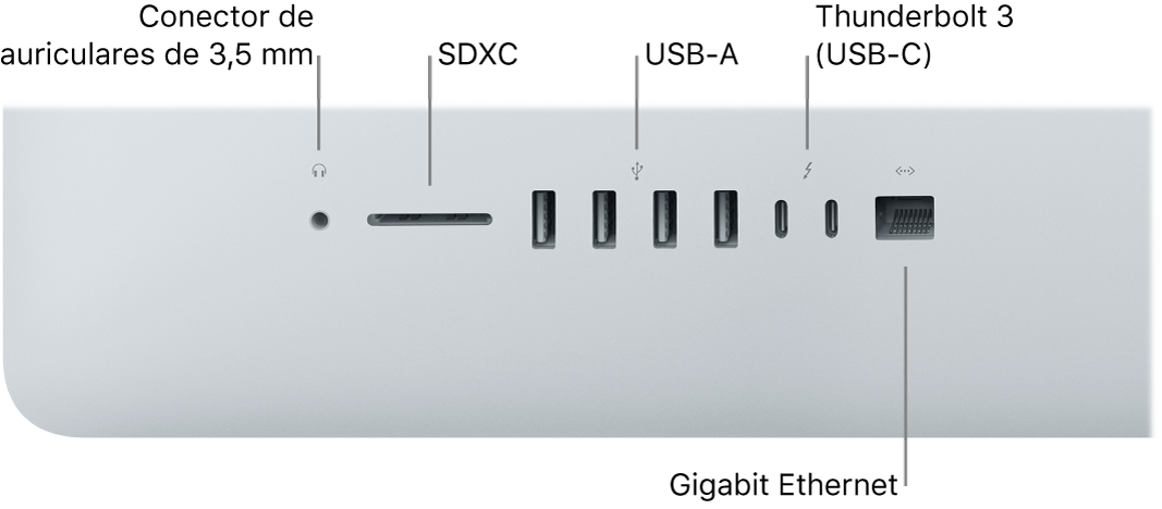 iMac con el conector para auriculares de 3,5 mm, la ranura SDXC, los puertos USB A, los puertos Thunderbolt 3 (USB-C) y el puerto Ethernet Gigabit.