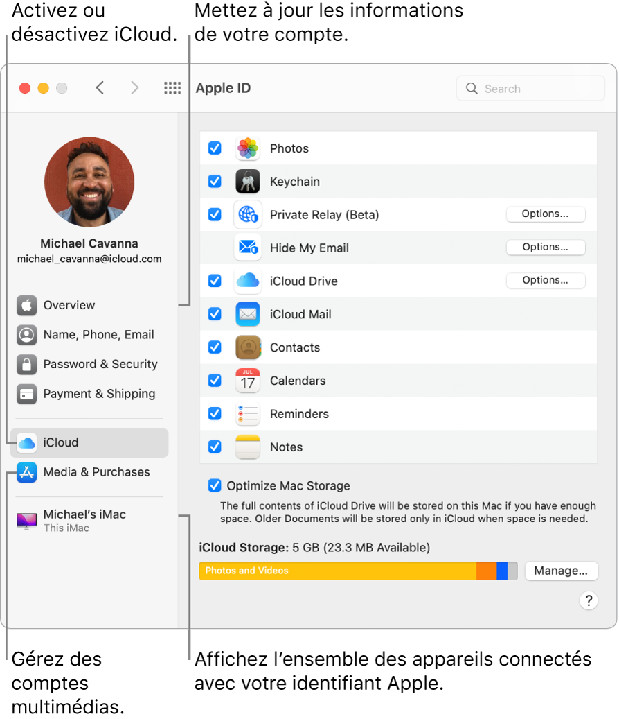 La sous-fenêtre « Identifiant Apple » de « Préférences Système ». Cliquez sur un élément de la barre latérale pour mettre à jour les données de votre compte, activer ou désactiver iCloud, gérer les comptes multimédias et voir tous les appareils connectés avec votre identifiant Apple.