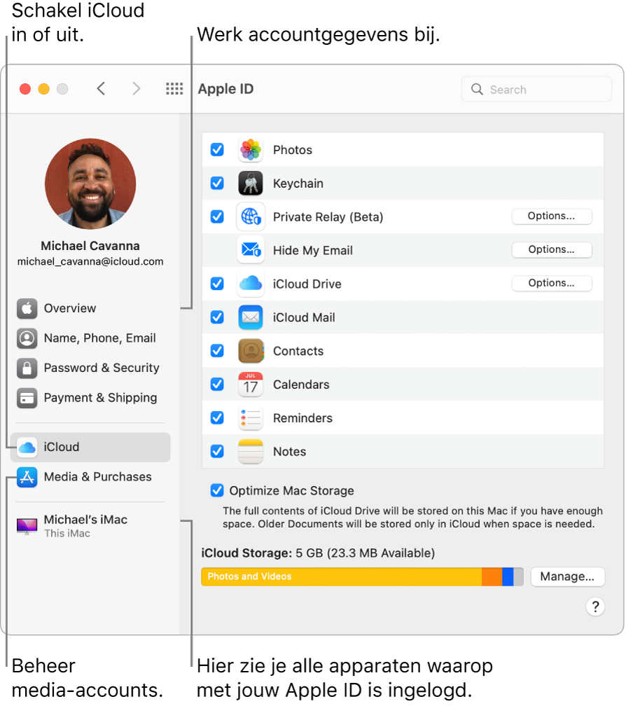 Het paneel 'Apple ID' in Systeemvoorkeuren. Klik op een onderdeel in de navigatiekolom om je accountgegevens bij te werken, iCloud in of uit te schakelen, media-accounts te beheren en alle apparaten te zien waarop je met je Apple ID bent ingelogd.