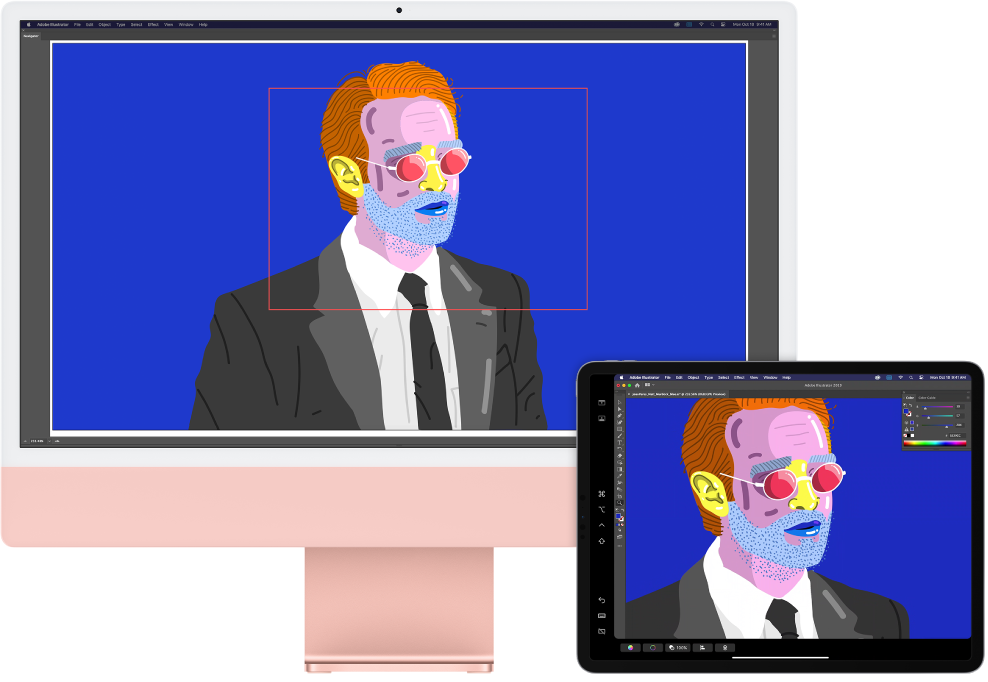 Un iMac și un iPad sunt alăturate. iMac-ul afișează ilustrația în fereastra de navigație din Illustrator. iPad-ul afișează aceeași ilustrație în fereastra documentului din Illustrator, înconjurată de bare de instrumente.