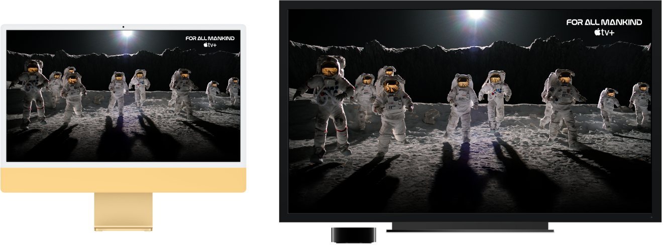 iMac, ktorého obsah je zrkadlený na veľkom HDTV pomocou Apple TV.