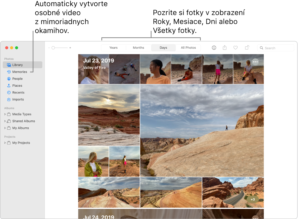 Okno apky Fotky zobrazujúce funkciu Spomienky v ľavom postrannom paneli a vyskakovacie menu v hornej časti okna Fotky, v ktorom môžete zobrazovať fotky v albume podľa dňa, týždňa, mesiaca a roka.