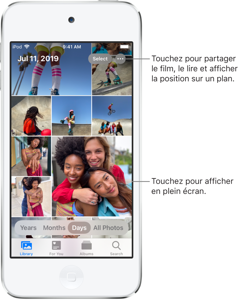 La présentation Jours de la photothèque est affichée. Une sélection de vignettes de photos remplit l’écran. En haut à gauche de l’écran se trouvent la date et l’emplacement des photos prises. En haut à droite se trouvent les boutons Sélectionner et « Plus d’options ». Sous les vignettes se trouvent des options de présentation de la photothèque : Années, Mois, Jours et « Toutes les photos ». En bas se trouvent les onglets Photothèque, « Pour vous », Albums et Rechercher.
