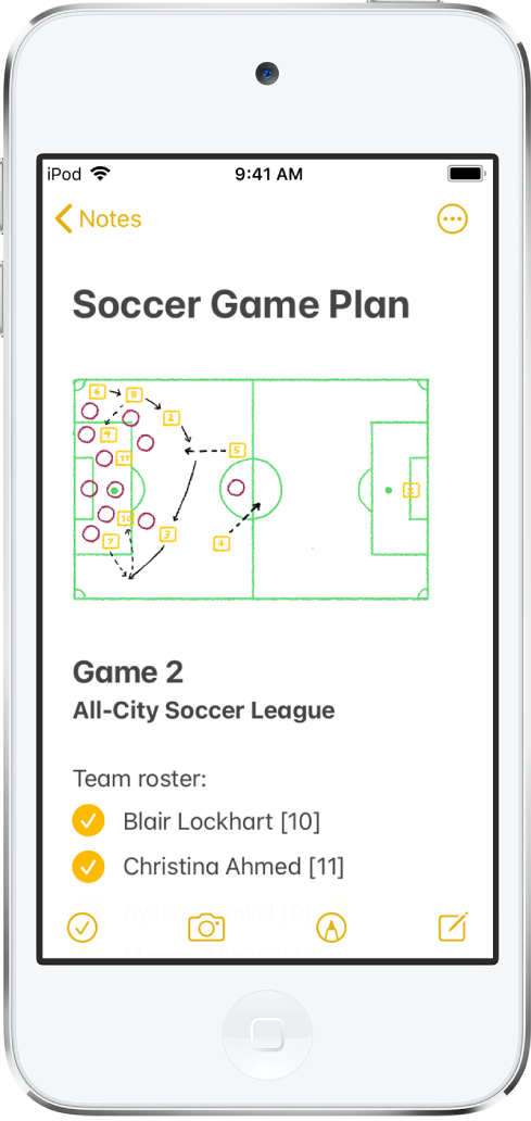 Une note présentant des idées de réagencement d’une cuisine sous forme de texte, accompagnées d’une liste de pointage. Il existe des boutons permettant de collaborer avec d’autres personnes sur la note et de la partager. Il s’agit des boutons en bas permettant de supprimer la note, d’ajouter une liste de pointage, d’ajouter une photo ou de scanner un document, d’afficher les outils d’écriture et de créer une note.