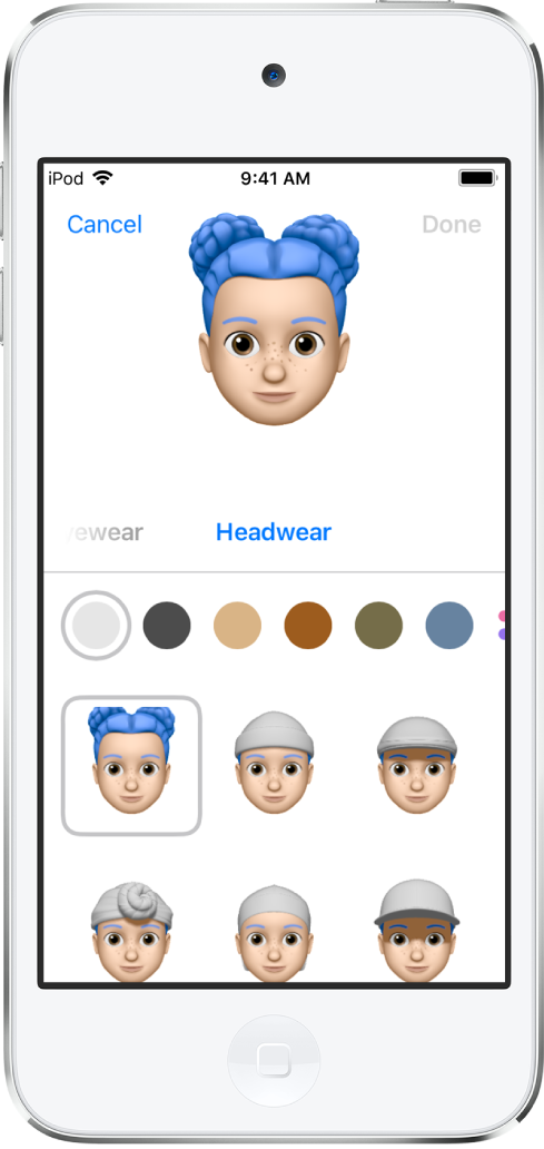 L’écran de création d’un Memoji, montrant un personnage en cours de création en haut, les caractéristiques physiques sous le personnage et les options de personnalisation pour la caractéristique sélectionnée en dessous. Le bouton OK se trouve en haut à droite et le bouton Annuler est en haut à gauche.