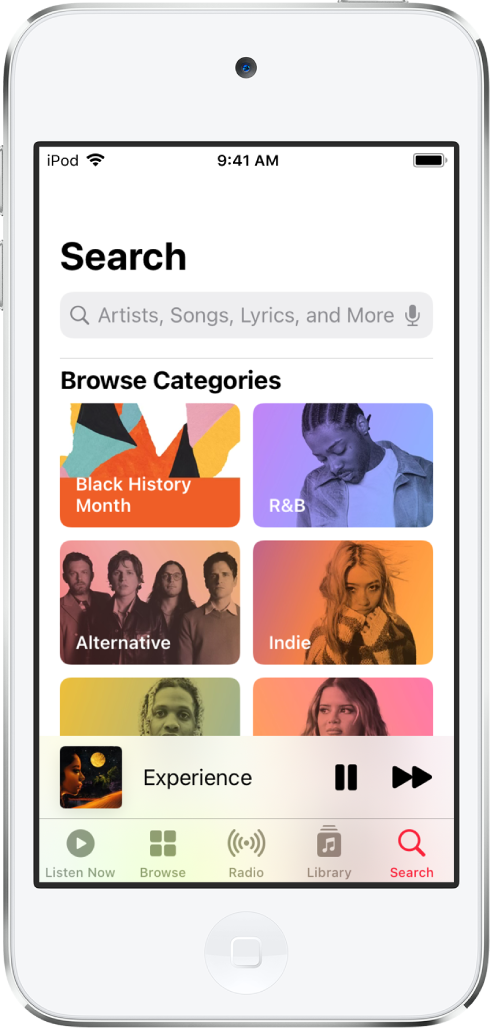 La schermata di ricerca che mostra il campo di ricerca nella parte superiore. La sezione “Sfoglia categorie” sotto mostra sei categorie.
