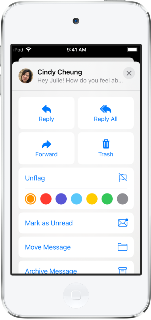 Un'e-mail con le opzioni per la risposta mostrate sotto. Sotto tali opzioni, sono visibili i colori disponibili per applicare un contrassegno.