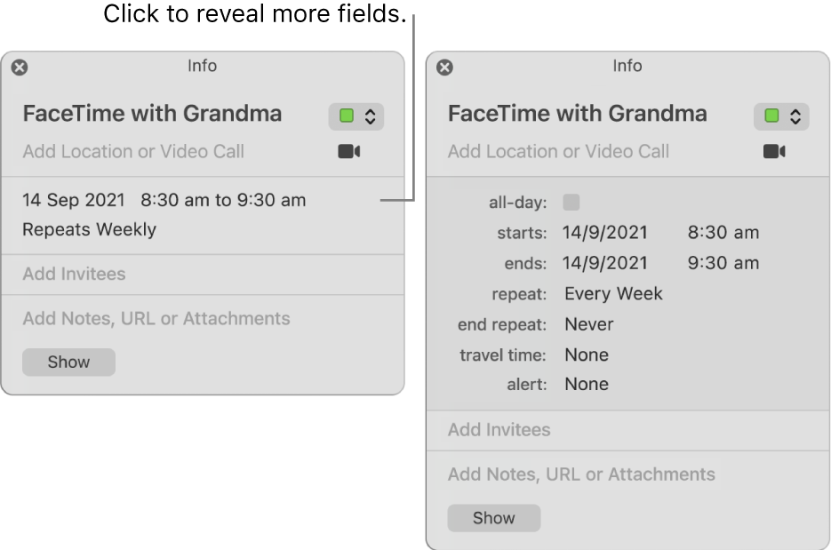 The image on the left shows an unexpanded Info window for an event. On the right, the Info window for the same event is expanded to show additional fields such as starts, ends, repeat and travel time.