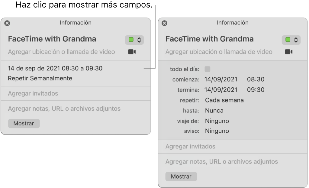 Ventana de información de un evento con los detalles ocultos (a la derecha), y la misma ventana mostrando los detalles de la duración (a la derecha).