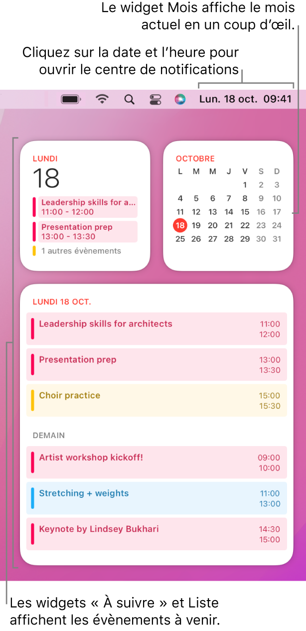 Trois widgets Calendrier : un widget « À suivre » et un widget Liste qui affiche les évènements à suivre pour le jour actuel et un widget Mois affichant le mois actuel. Cliquez sur la date et l’heure dans la barre des menus pour ouvrir le centre de notifications et personnaliser les widgets.