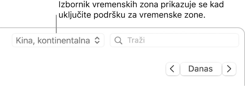 Izbornik vremenske zone pojavljuje se s lijeve strane polja za pretraživanje kada uključite podršku za vremensku zonu