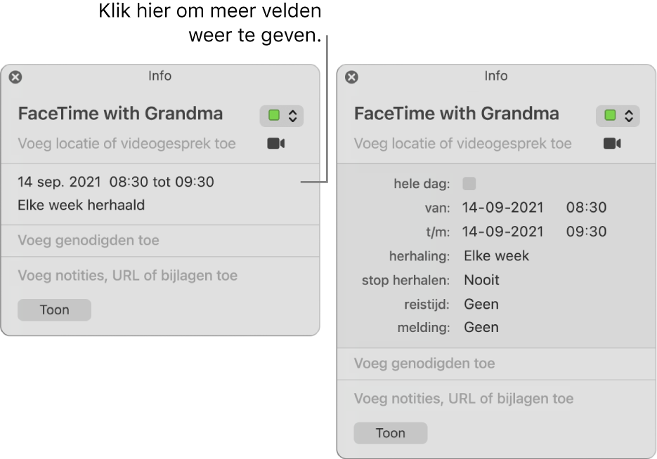 Infovenster voor activiteit waarvan details zijn verborgen (links), en infovenster voor dezelfde activiteit waarvan duurgegevens worden weergegeven (rechts).