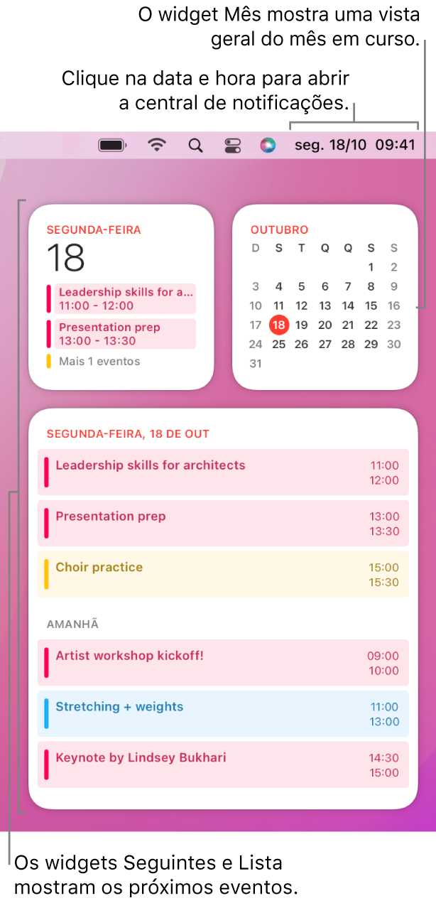 Três widgets do Calendário — um widget Seguintes e um widget Lista a mostrar os próximos eventos desse dia e um widget Mês a mostrar o mês atual. Clique na data e hora na barra de menus para abrir a central de notificações e personalizar widgets.